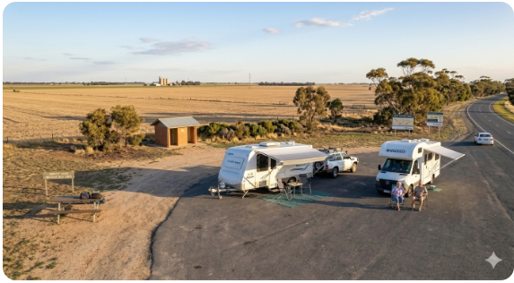 A self-contained caravan and motorhome parked side by side at a shaded highway rest area on the Western Highway in Victoria's Wimmera region, with open farmland extending to the horizon under an autumn sky. The image represents the Melbourne to South Australia grey nomad route covered in this 2026 senior travel guide.