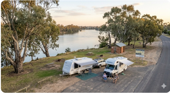 Senior grey nomad caravan at Swan Hill foreshore camping area beside the Murray River, Victoria 2026