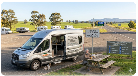 Caravan travelling south on the Princes Highway NSW — Sydney to Victoria grey nomad rest area guide 2026