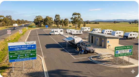Wangaratta rest area on the Hume Highway Victoria — caravan and motorhome stop for senior grey nomads 2026 Image description: A highway rest area pull-off on the Hume Highway near Wangaratta Victoria, showing a sealed parking area with toilet block facilities and open flat landscape, suitable for caravans and motorhomes