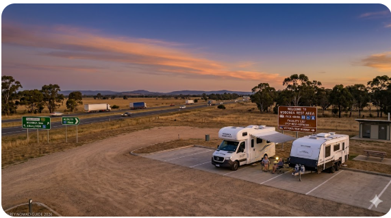 Basic amenity block at a VicRoads designated highway fatigue stop near Wodonga VIC 3690, showing the standard of toilet facilities available to grey nomad travellers on the Melbourne to Sydney Hume Highway corridor.