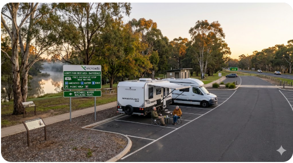 Facilities overview at Bairnsdale rest areas VIC 3875 — toilets at Howitt Park, no power, no dump point — Caption: Bairnsdale rest area facilities — what grey nomads can and cannot expect in 2026